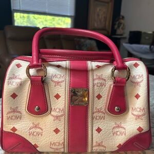 MCM Visetos hot pink and cream Boston style tote